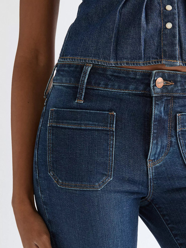 Wrangler Women's Flare Denim Jeans in Pioneer Pop - Front Pocket Close Up