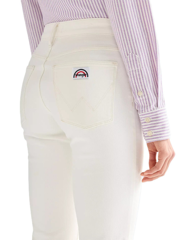 Wrangler Women's Flare Lightweight Denim Jeans in Worn White - Back Pocket Close Up