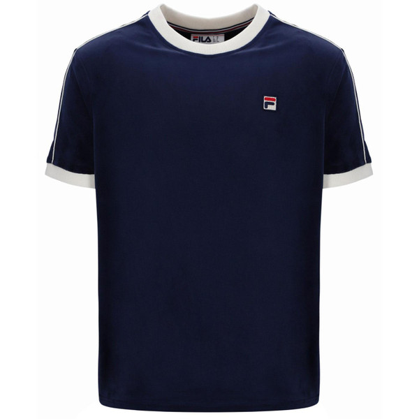 Fila Vintage Men's Basilio Velour Piped Retro T-Shirt in Navy
