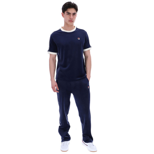 Full length photo of Fila Vintage Men's Basilio Velour Piped Retro T-Shirt in Navy