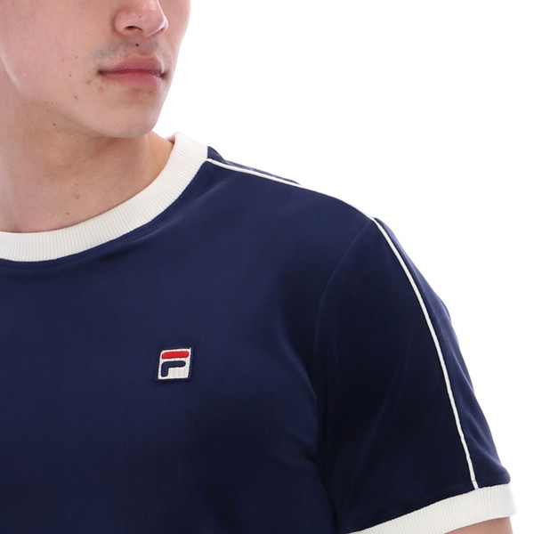 Shoulder piping on Fila Vintage Men's Basilio Velour Piped Retro T-Shirt in Navy