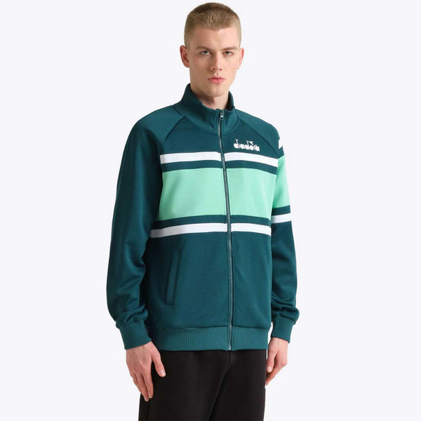 Model Wearing Diadora Jacket 80s Men's Retro Funnel Neck Colour Block Track Top in Spruce Green