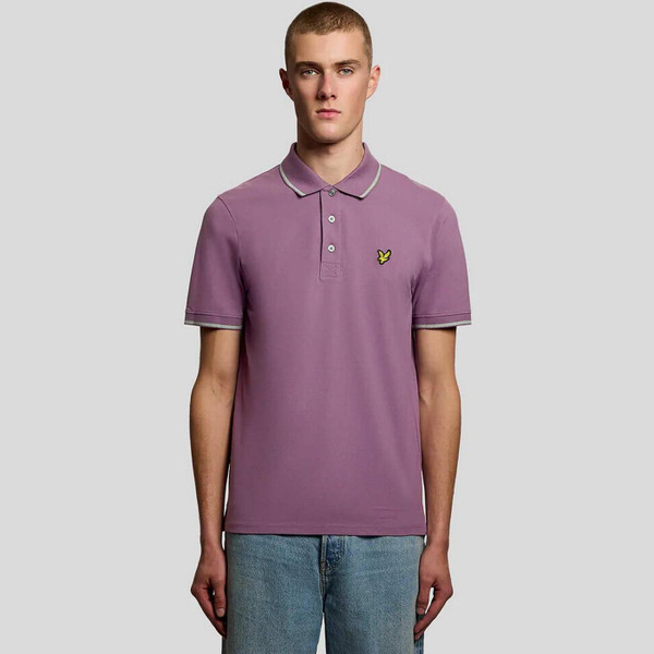 Model Wearing Lyle & Scott Men's Mod Tipped Pique Polo Shirt in Thistle