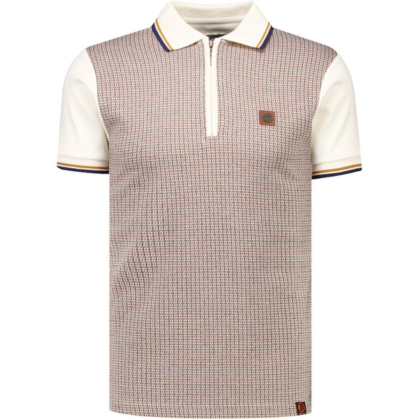 Trojan Records Clothing Mens Mini Houndstooth Panel Zip Polo T-Shirt in Ecru