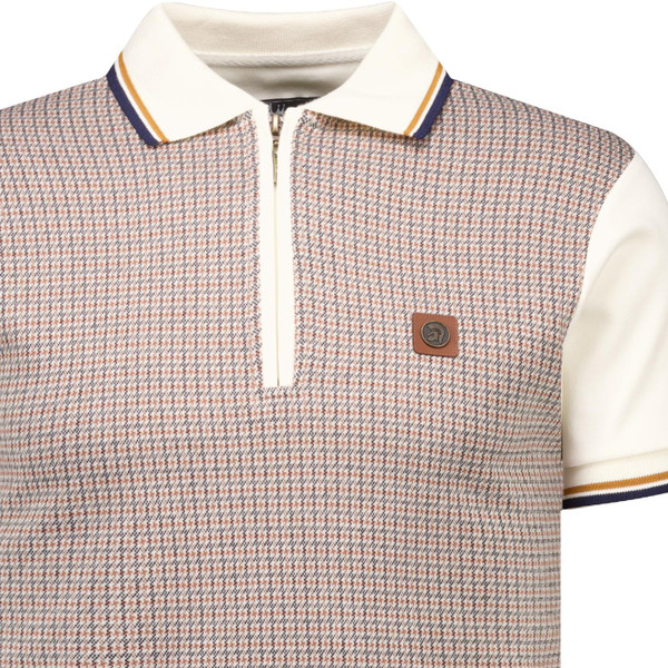 Trojan Records Clothing Mens Mini Houndstooth Panel Zip Polo T-Shirt in Ecru