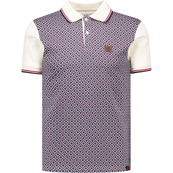 Trojan Records Clothing Mens Diamond Panel Jacquard Polo T-Shirt in Ecru