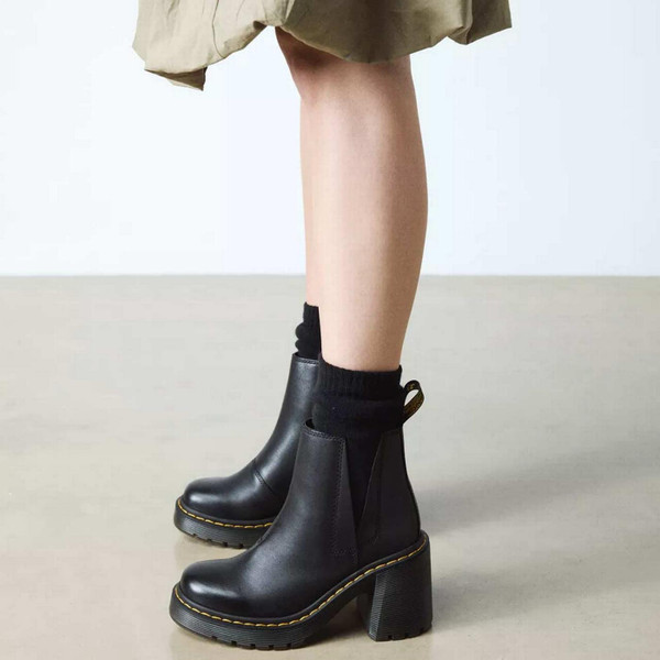 Model View Dr Martens Spence Flared Heel Chelsea Boots in Sendel Leather Black