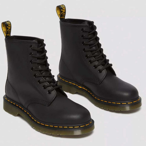 Dr Martens 1460 Women's Greasy Leather 8 Eyelet Boots in Black  Both Boots Together