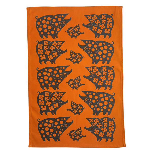Magpie x Hornsea Retro 70s Piggie Cotton Tea Towel in Orange