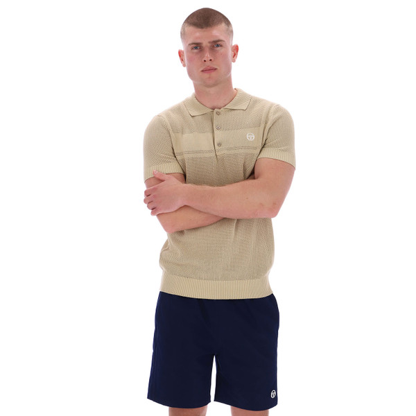 Model wears Sergio Tacchini Sabino Men's Mesh Knit Polo Shirt in Mojave Desert
