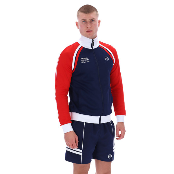 Side of Sergio Tacchini Ghibli Davis Retro 60s McEnroe Track Top in Maritime Navy & Red