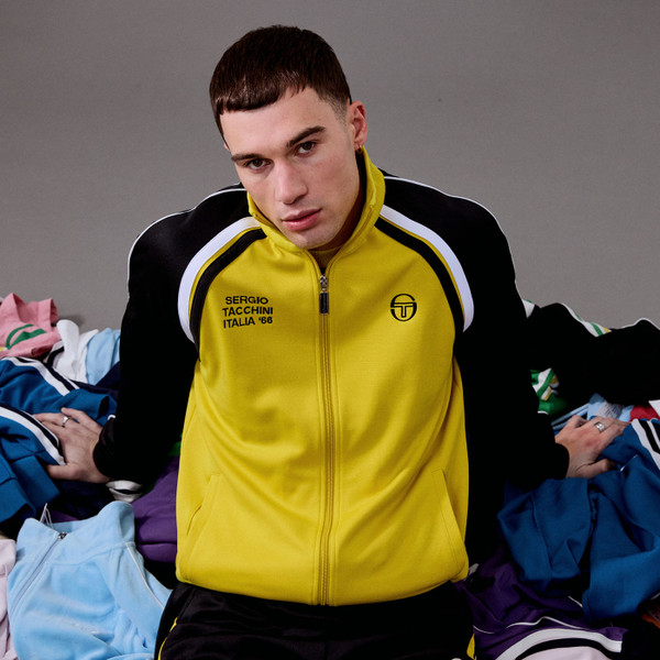Man wearing Sergio Tacchini Ghibli Davis Retro 60s John McEnroe Track Top in Mango Mint