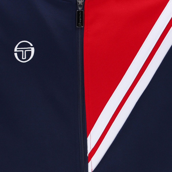 Chest panel detail on Sergio Tacchini New Reno 80s Vitas Gerulaitis Retro Track Top in Maritime Blue & Red