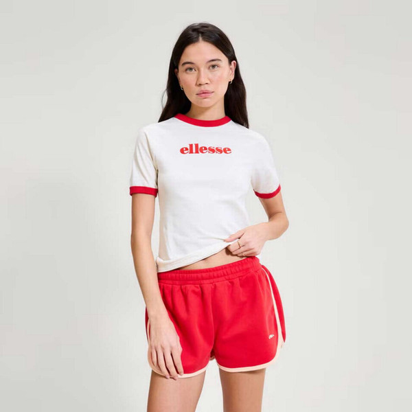 Model Wearing Ellesse Albenga Women's Retro Logo Ringer T-shirt in Off White and Red