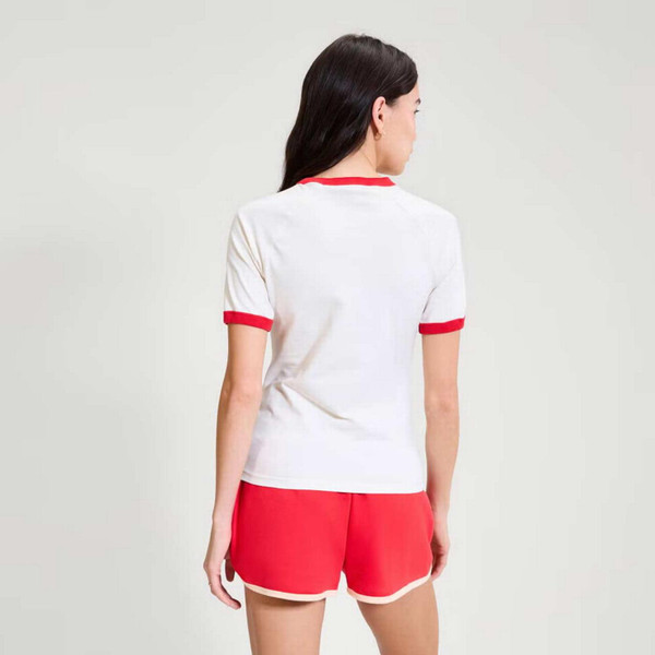 Model Wearing Ellesse Albenga Women's Retro Logo Ringer T-shirt in Off White and Red Back View