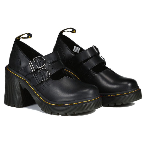 Dr Martens Eviee Women's Retro 1990s 2 Strap Heel Sandals in Black Leather