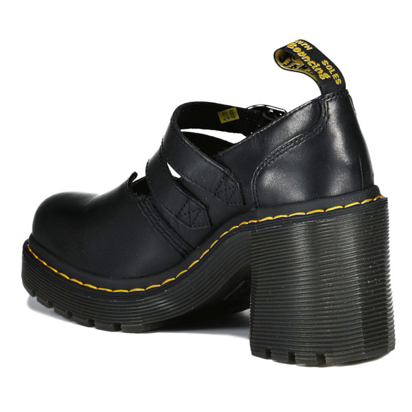 Back of Dr Martens Eviee Women's Retro 90s 2 Strap Heel Sandals in Black Leather