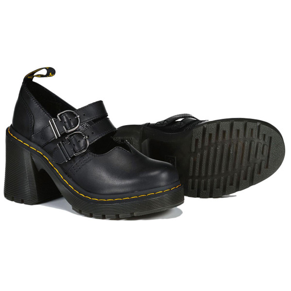 Sole on Dr Martens Eviee Women's Retro 90s 2 Strap Heel Sandals in Black Leather