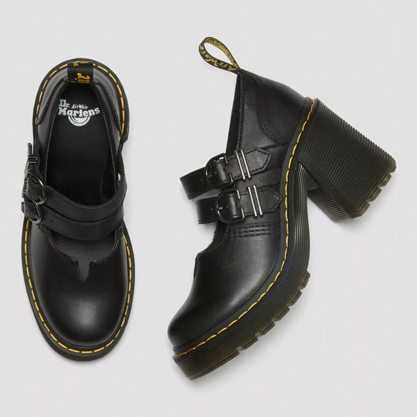 Overhead of Dr Martens Eviee Women's Retro 90s 2 Strap Heel Sandals in Black Leather