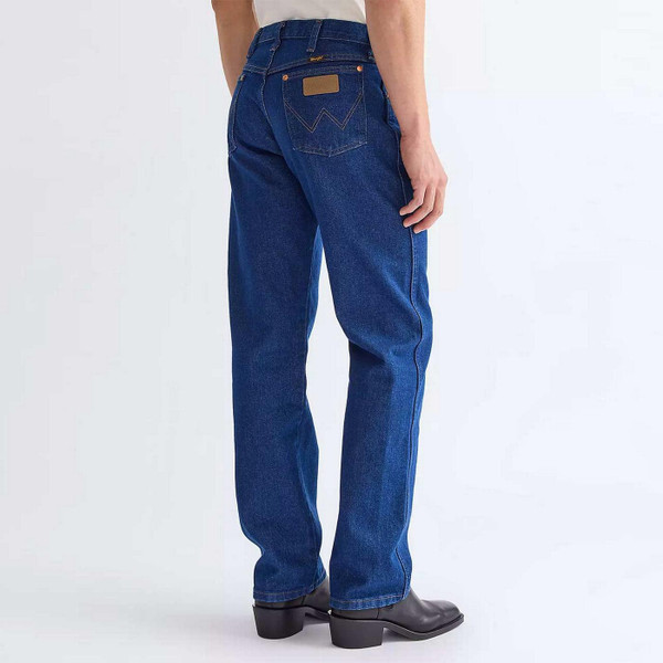 Model Wearing the Wrangler 13MWZ Men's Retro Cowboy Cut Denim Jeans in Prewashed Indigo - Back View