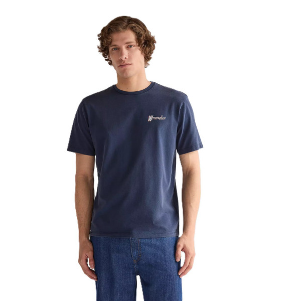 Model Wearing Wrangler Relaxed Wagons West '47 Graphic Tee in Navy - Front Main
