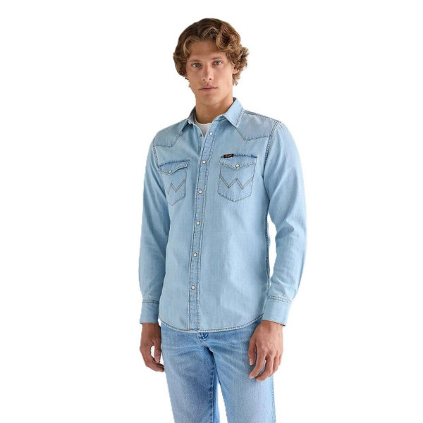 Wrangler Regular Western Men's Blue Denim Shirt in Riverbank - Front Main