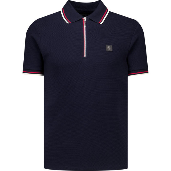 Trojan Records Clothing Mens Ottoman Rib Mod Tipped Zip Neck Polo T-Shirt in Navy