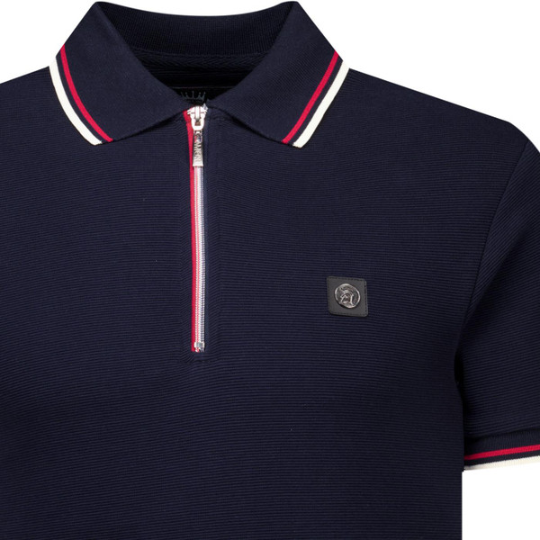 Trojan Records Clothing Mens Ottoman Rib Mod Tipped Zip Neck Polo T-Shirt in Navy