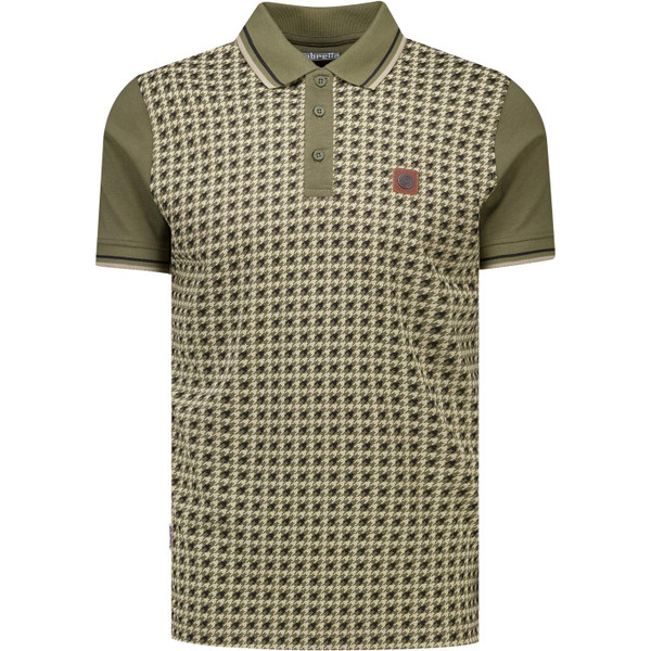 Lambretta Mens Twin Tipped Houndstooth Front Panel Polo T-Shirt in Khaki