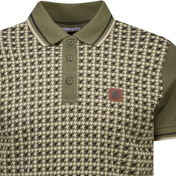 Lambretta Mens Twin Tipped Houndstooth Front Panel Polo T-Shirt in Khaki