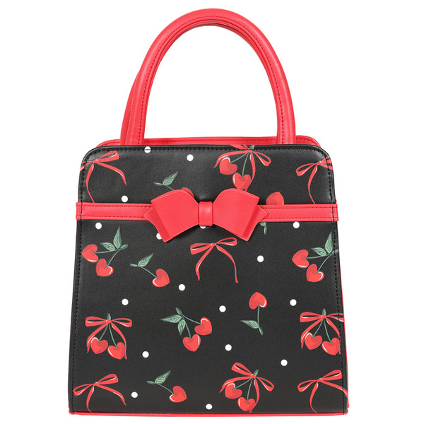 Front of Banned Apparel Retro 50s Cherries and Bows Handbag in Black/Red