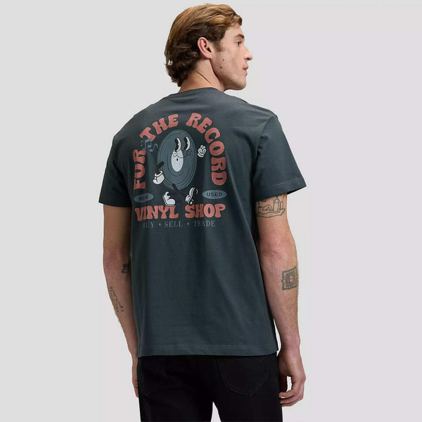Model Wearing Lee Record Shop Vinyl Men's Retro Relaxed Fit T-shirt in Washed Black - Back View