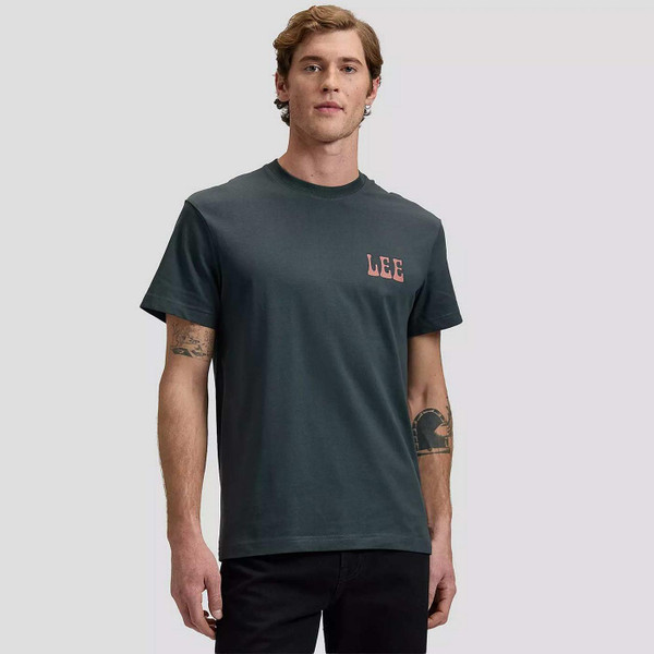 Model Wearing Lee Record Shop Vinyl Men's Retro Relaxed Fit T-shirt in Washed Black - Front View