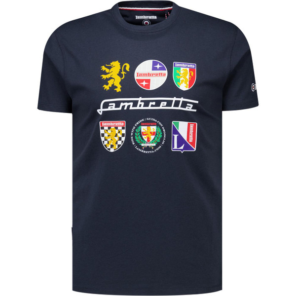 Lambretta Mens Italian Chest Badges Heritage Print Crew Neck T-Shirt in Navy