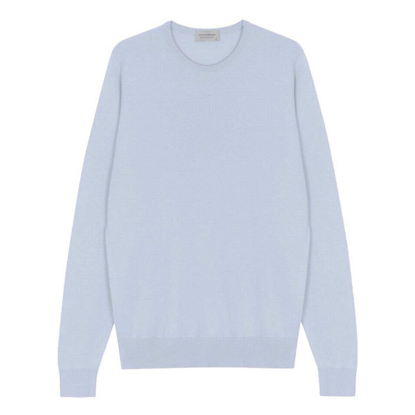 John Smedley Hatfield Made in England Men's Mod Crew Neck Sea Island Cotton Jumper in Dew - Flat Lay