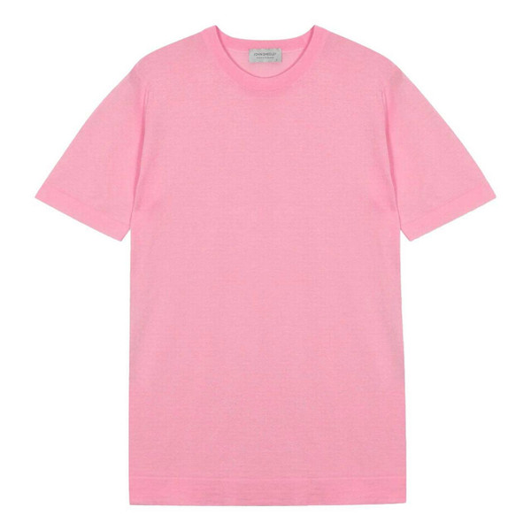 John Smedley Lorca Made in England Luxury Sea Island Cotton Knitted T-shirt in Glass Pink - Flat Lay