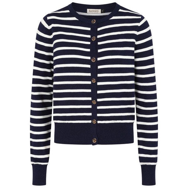 Banned Retro Nautical Lines Breton Stripe Cardigan in Navy/White