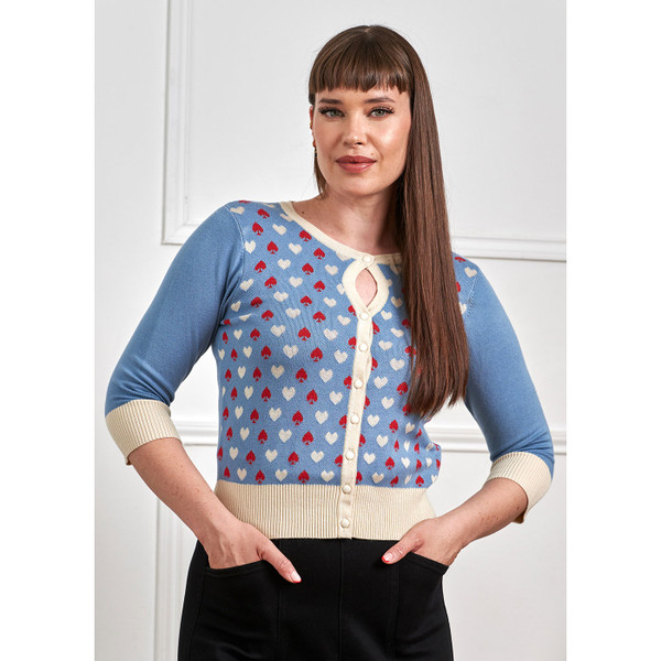 Woman wearing Banned Apparel Ruby Spade & Heart Knit Cardigan in Blue