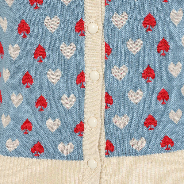 Button and retro pattern detail on Banned Apparel Ruby Spade & Heart Knit Cardigan in Blue