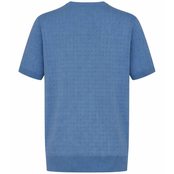 John Smedley Fabien Perforated Eyelet Luxury Sea Island Cotton Knitted T-shirt in Sky Blue - Made in England - Back View