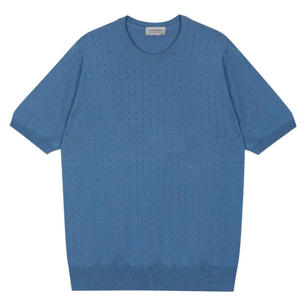 John Smedley Fabien Perforated Eyelet Luxury Sea Island Cotton Knitted T-shirt in Sky Blue - Made in England - Flat Lay