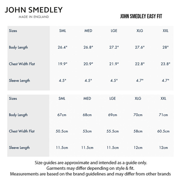 Size guide for John Smedley Men's Knitted Short Sleeve Fabien T-Shirt