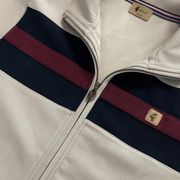 Gabicci Vintage Escher Men's Retro Funnel Neck Chest Stripe Track Top in Cement Stripe Detail