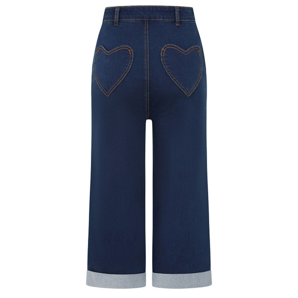 Back of Banned Retro Womens Maddy Love Heart Pocket Capri Jeans in Blue