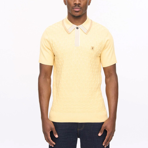 Man wearing Gabicci Vintage Bourne Men's Mod Cable knit Stripe Placket Polo Shirt in Lemon