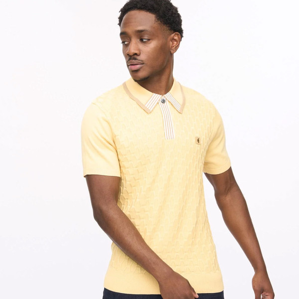 Man wearing Gabicci Vintage Bourne Men's Mod Cable knit Stripe Placket Polo Shirt in Lemon