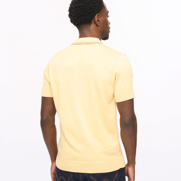 Back of Man wearing Gabicci Vintage Bourne Men's Mod Cable knit Stripe Placket Polo Shirt in Lemon
