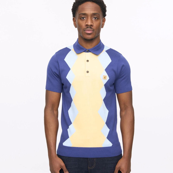 Man wearing Gabicci Vintage Bond Men's 1960s Mod Argyle Knit Polo Shirt in Delft