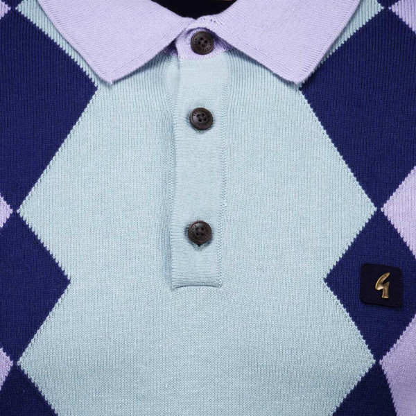 Gabicci Vintage Bond Men's 60s Mod Argyle Knitted Polo Shirt in Heather Placket Detail
