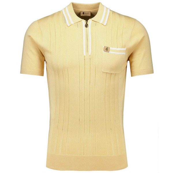 Gabicci Vintage Johnson Retro Pointelle Knit Tipped Zip Placket Polo Shirt in Lemon